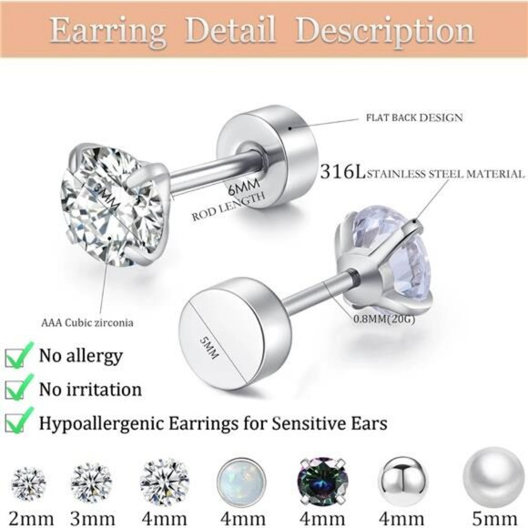 Hypoallergenic Flat Back Earrings Set for Multiple Piercings Sensitive Ears - Picture 6 of 7
